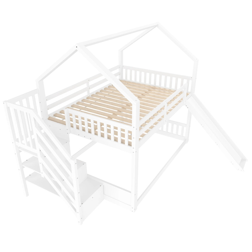 Letto a castello 140x200 cm con scala contenitore e scivolo; in legno di pino; bianco (Senza materasso)