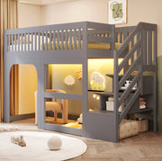 Letto a soppalco per bambini 90x200 cm con scala contenitore e LED
