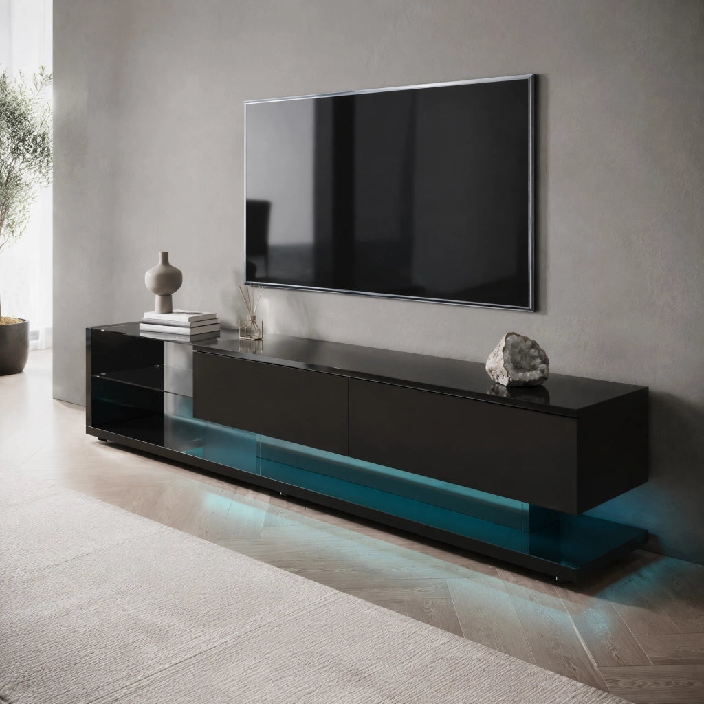 Mobile porta TV lucido con 2 cassetti, 2 ripiani in vetro e LED app in truciolato nero 170 × 36 × 38 cm