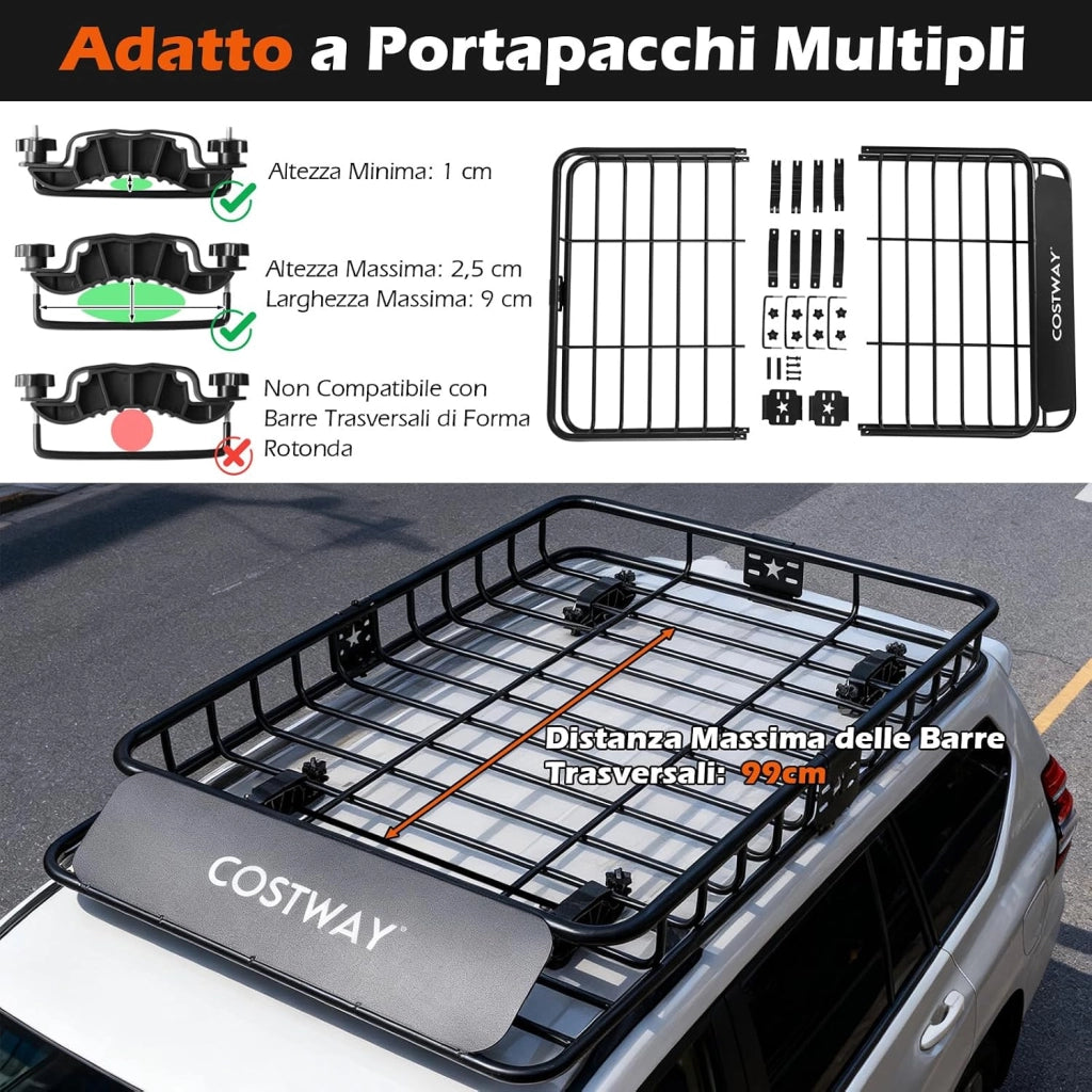Portapacchi Auto da Tetto, Cestino Portapacchi da Tetto con Borsa per Bagagli e Cinghie a Cricchetto, Portata 90 kg, Barre Portatutto Universale per SUV, Camion, Berlina, 130 x 91 x 17 cm