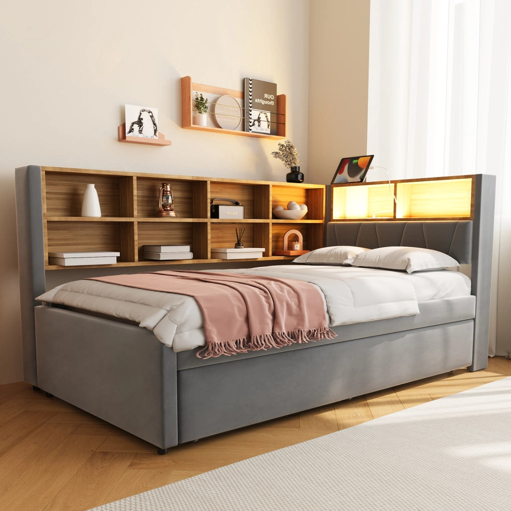 OKWISH Letto Divano Estraibile 90×200 cm, Letto 2 Posti con LED, USB, Tipo C e Prese, Scomparti, senza Materasso, Flanella, Grigio Scuro