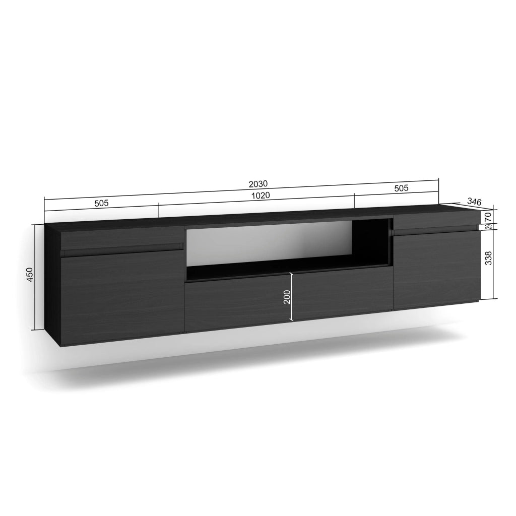 Mobile TV, 200x35x45cm, soggiorno, Per TV fino a 80", da appendere, Nero RF2186