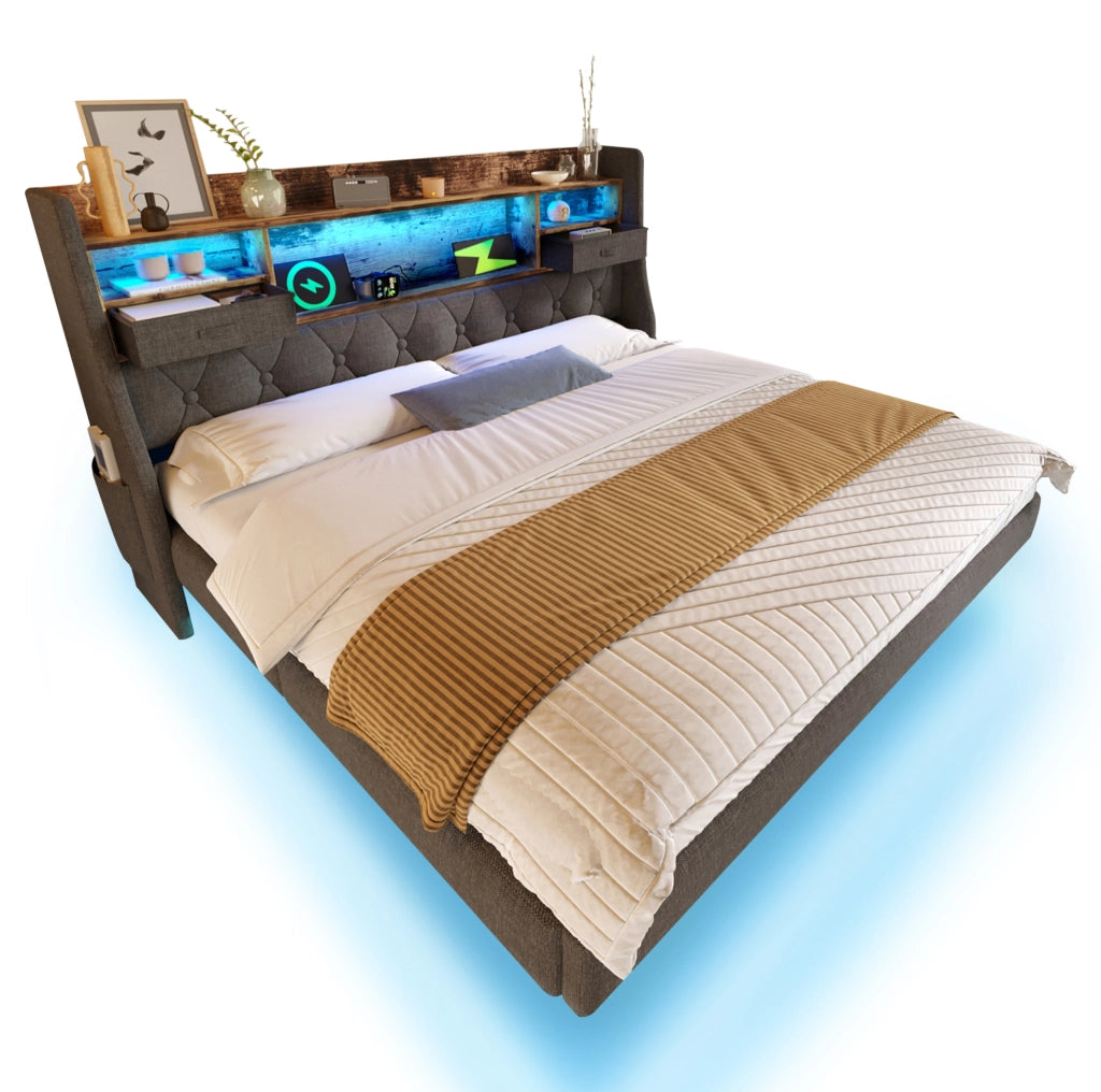 Letto 140x200 cm con LED; porta USB C e testiera contenitore; lino grigio