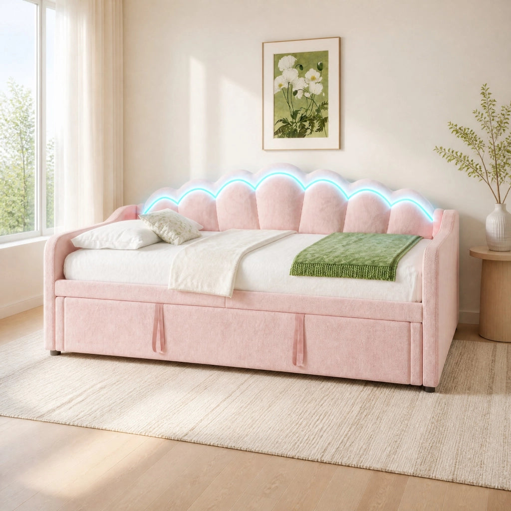 Letto estraibile in velluto rosa con LED 90x200/180x200 cm