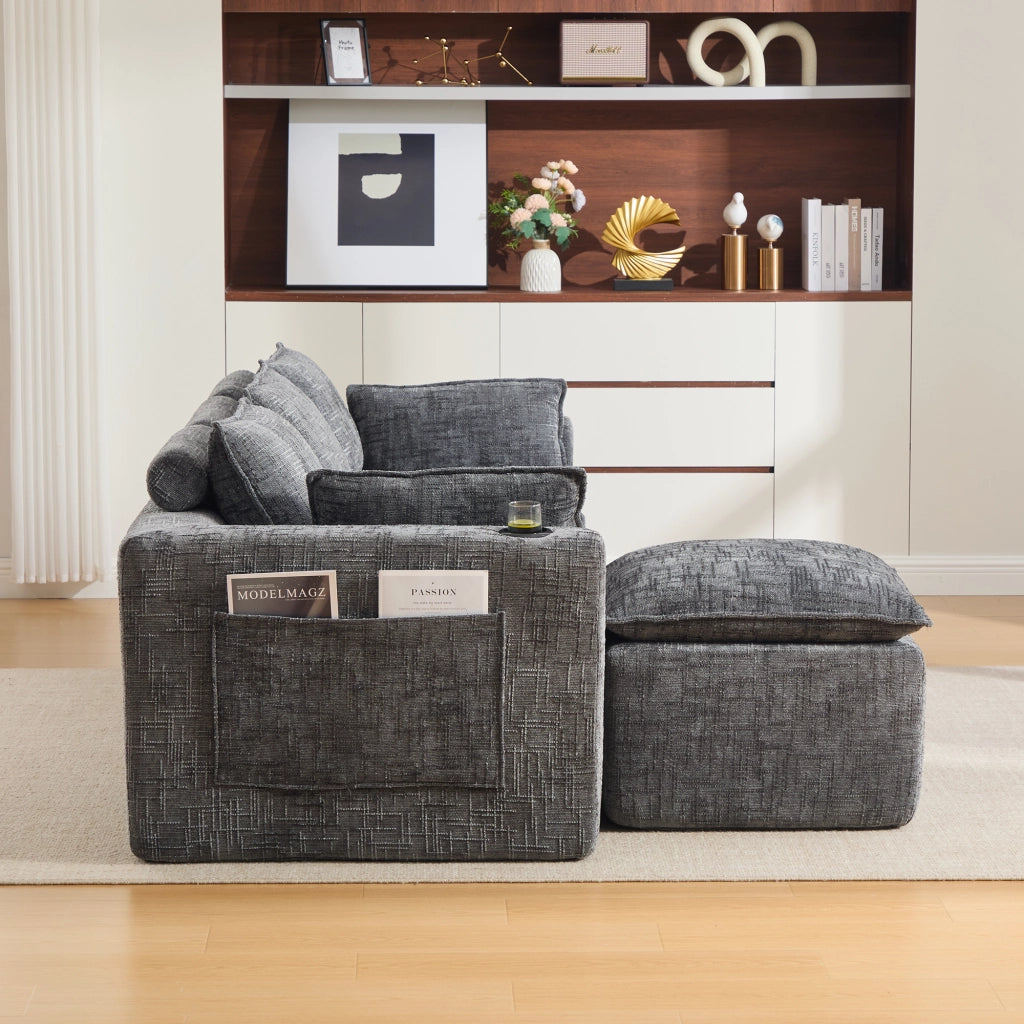Divano modulare a 3 posti con tasche laterali cuscini e molle in ciniglia grigio scuro 256 × 161 × 75 cm