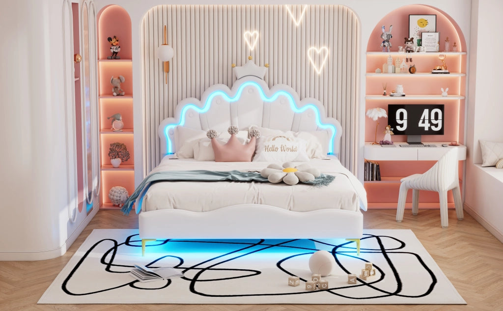 DESMIU Letto Matrimoniale 140 × 200 cm con LED regolabile e testiera regolabile, senza materasso, PU bianco