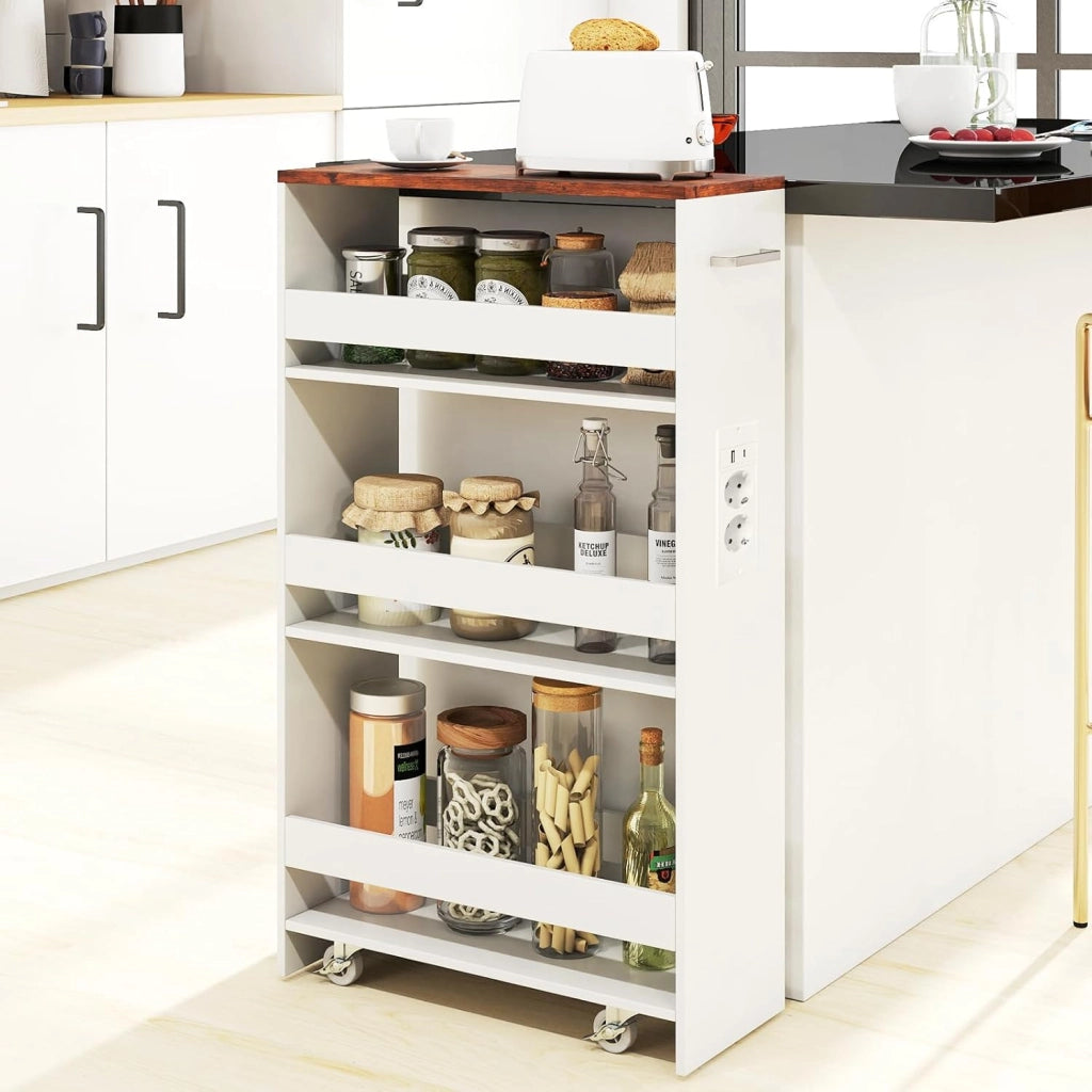 Scaffale per Nicchia da 20 cm di Larghezza, con Base di Ricarica, 4 Piani in Legno su Ruote, Scaffale Sottile per Cucina e Bagno, Carrello a Rotelle (Industriale+Bianco, Largo 20cm, con presa)
