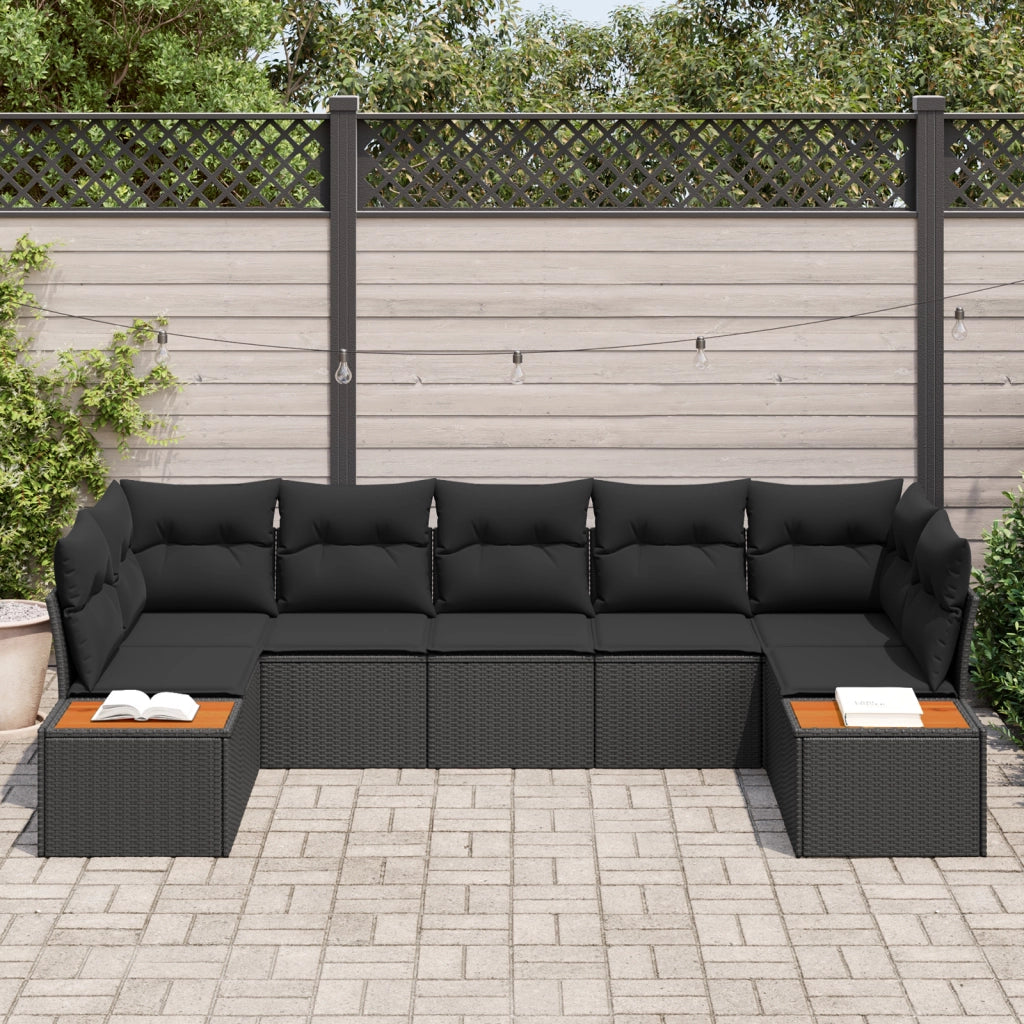 Set di Divani da Giardino 7 Pezzi con Cuscini Nero Polyrattan Acacia