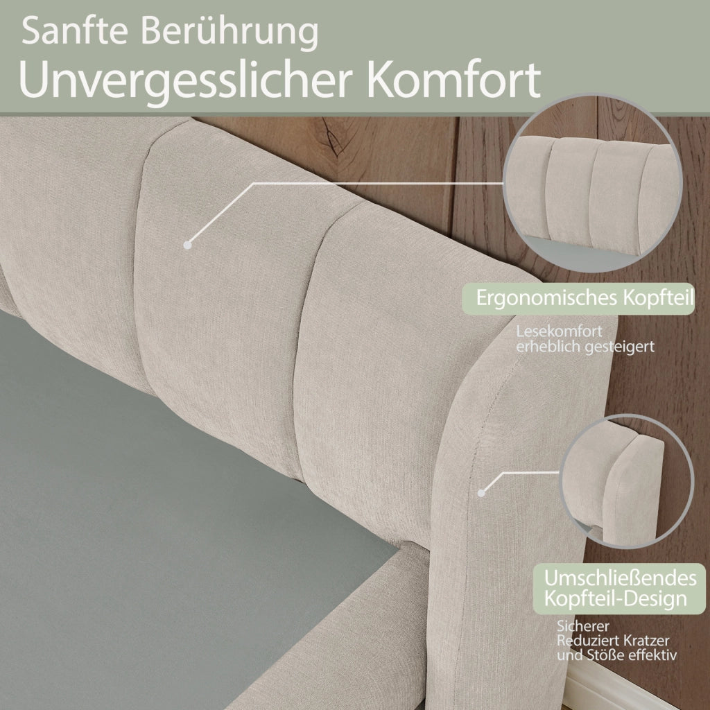 Letto Singolo 90x200 cm; con Schienale Imbottito e Struttura Rinforzata; Beige
