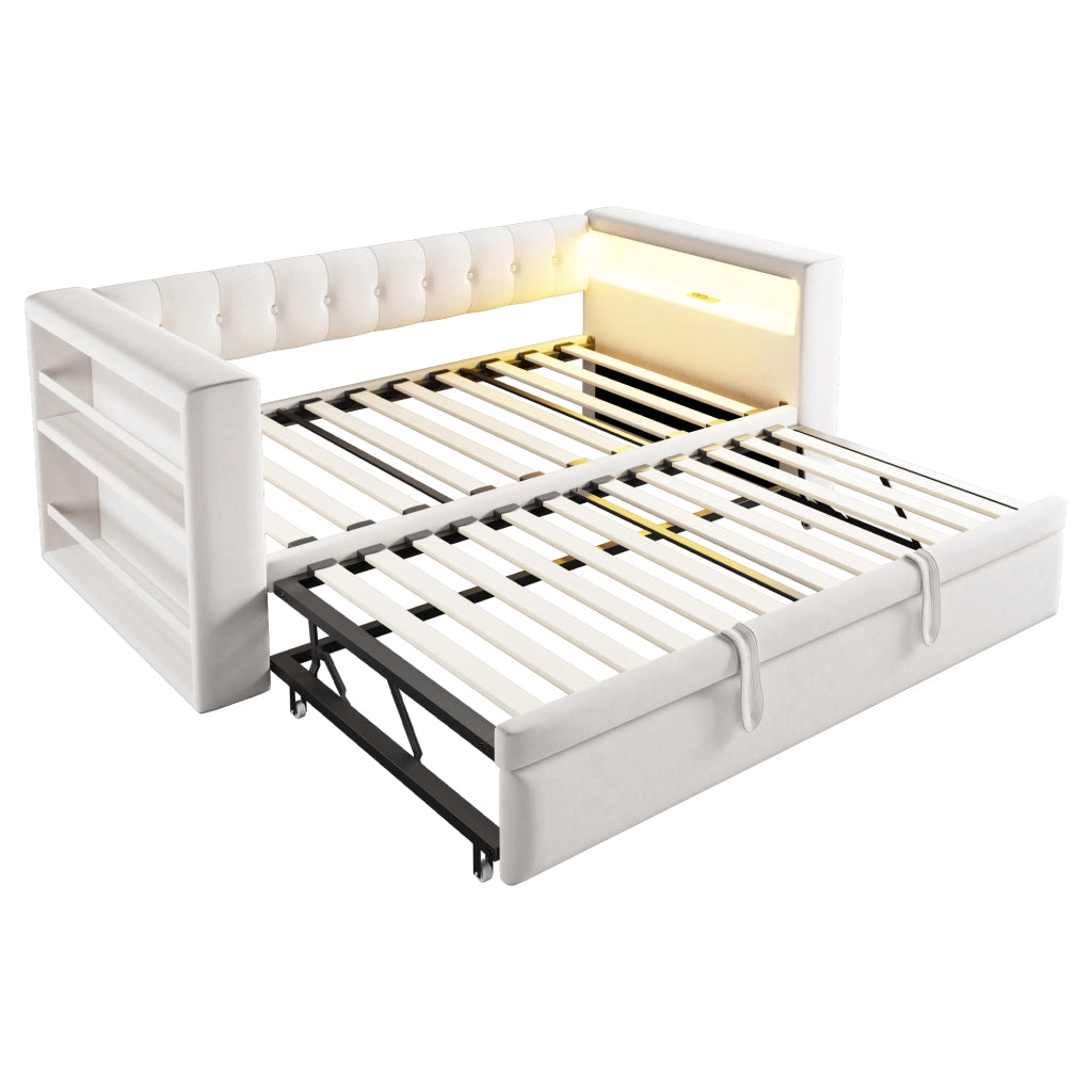 Letto a Divanetto 90/180x190 cm; con LED; prese e vani contenitore; Beige
