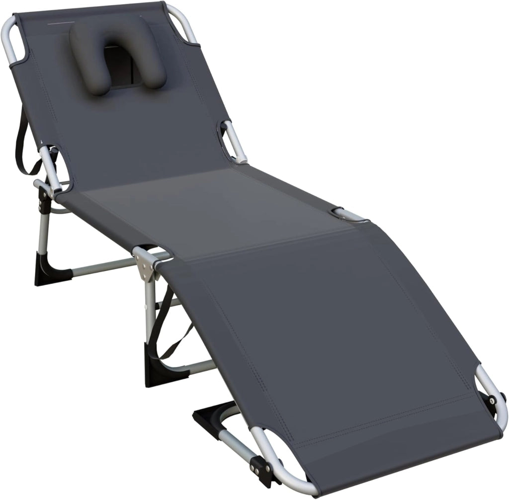 Sedia a sdraio pieghevole da giardino con schienale e poggiapiedi regolabili, portatile, da giardino, da spiaggia, per giardino, terrazza, spiaggia, grigio scuro