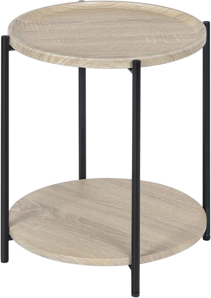 WOLTU Tavolino da Salotto Rotondo, Tavolino da caffè con 2 Ripiani, Piano d’Appoggio Rimovibile, Comodino per Camera da Letto, Tavolinoda Divano, in Metallo e MDF, Rovere Chiaro e Nero, BTS06hei