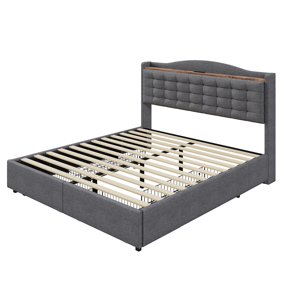 Letto Imbottito Matrimoniale con Cassetti e Comodini ¨C MINIMAL ¨C Tessuto Grigio 140x200