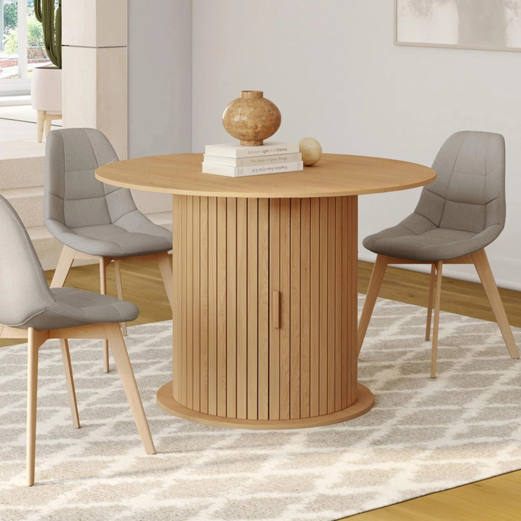 JULIETTE Tavolo da pranzo rotondo allungabile per 4-8 persone con gambe a doghe e contenitore 110-150 cm