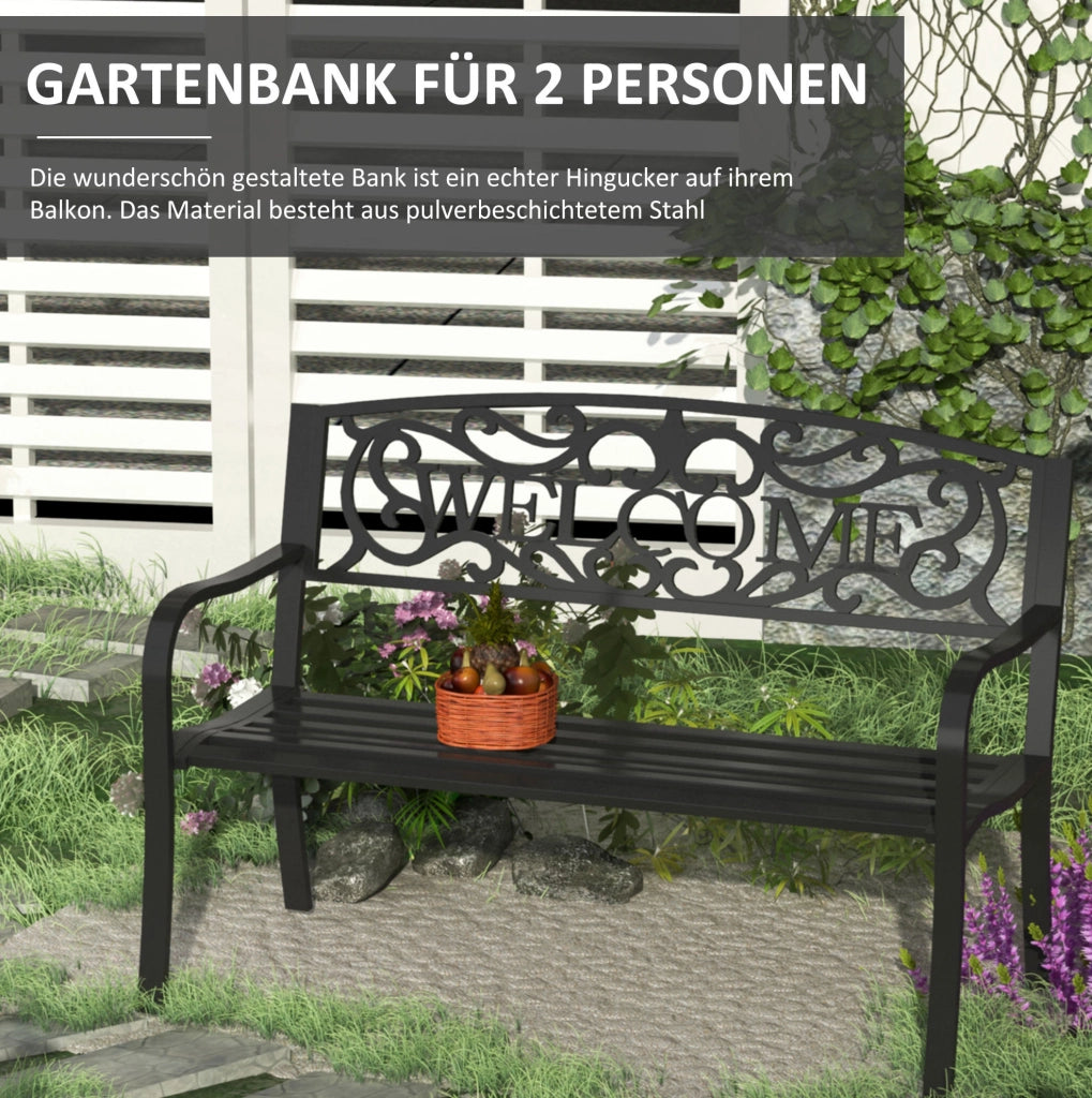 Panchina da giardino 2 posti 127x60x87 cm in ferro con scritta WELCOME; nera