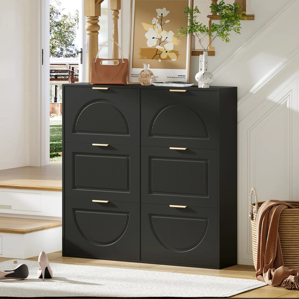 Scarpiera con 6 ante ribaltabili e ripiani aperti per ingresso e corridoio in MDF nero 118 × 25 × 115 cm