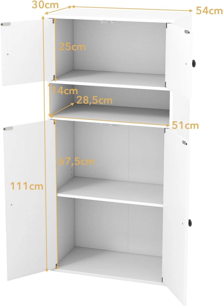 Libreria a 4 ante armadio da cucina con ripiano regolabile e vano aperto, credenza per cucina, soggiorno, sala da pranzo, 54 x 30 x 111 cm (bianco)