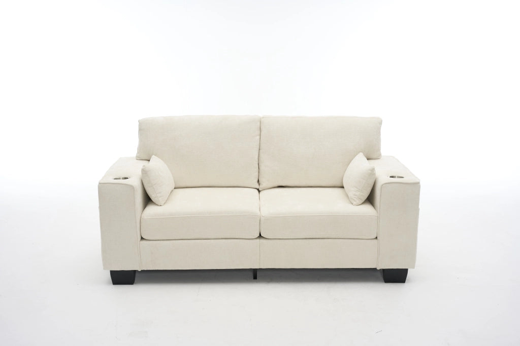 Divano a due posti moderno con portabicchieri e tasche laterali per soggiorno e ufficio in tessuto chenille beige
