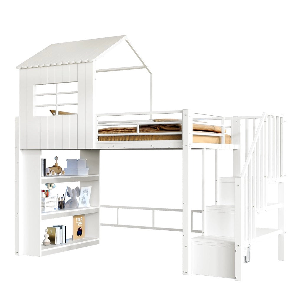 Letto a Soppalco Singolo in Metallo ¨C Xylo ¨C Bianco, Scala, Ripiani, 90x200