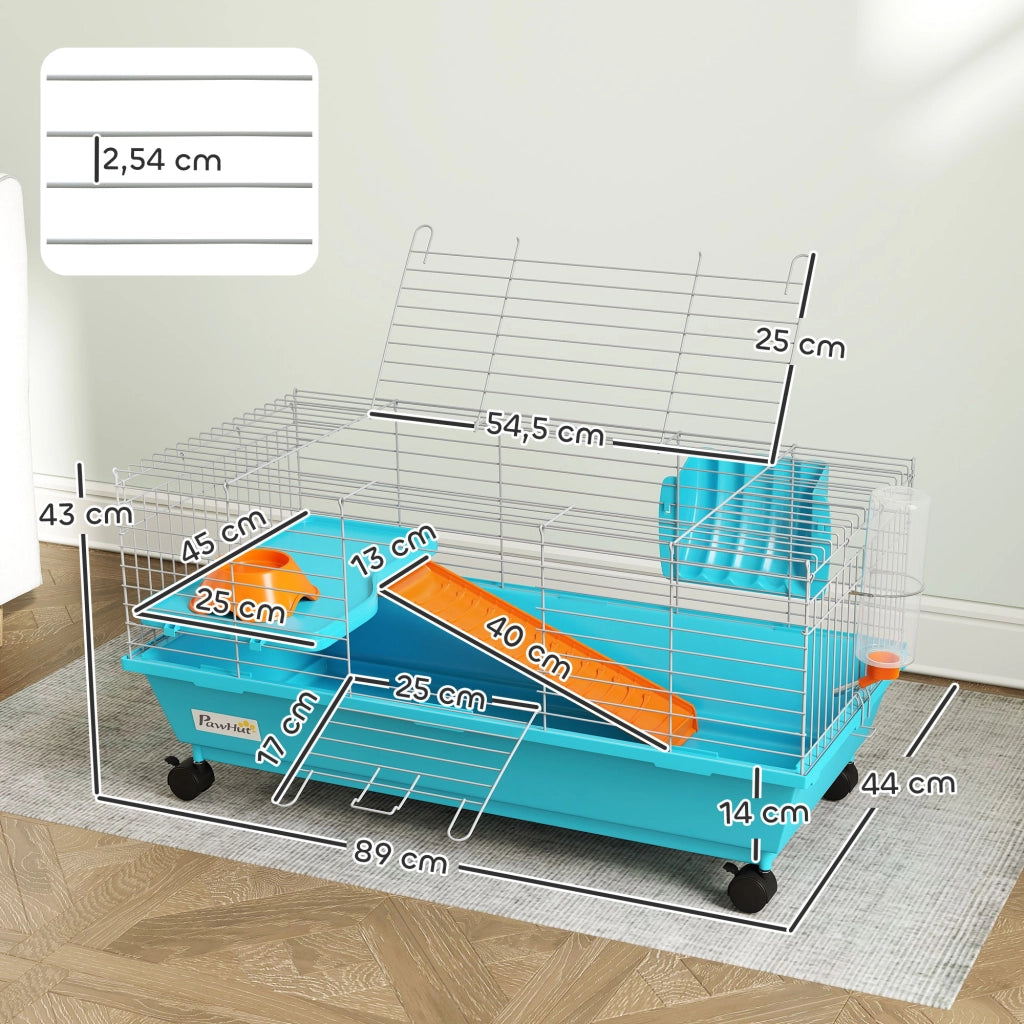Gabbia per Piccoli Animali con Ruote e Dispensatore Fieno ¨C zephmum ¨C 89x44x43 cm Blu