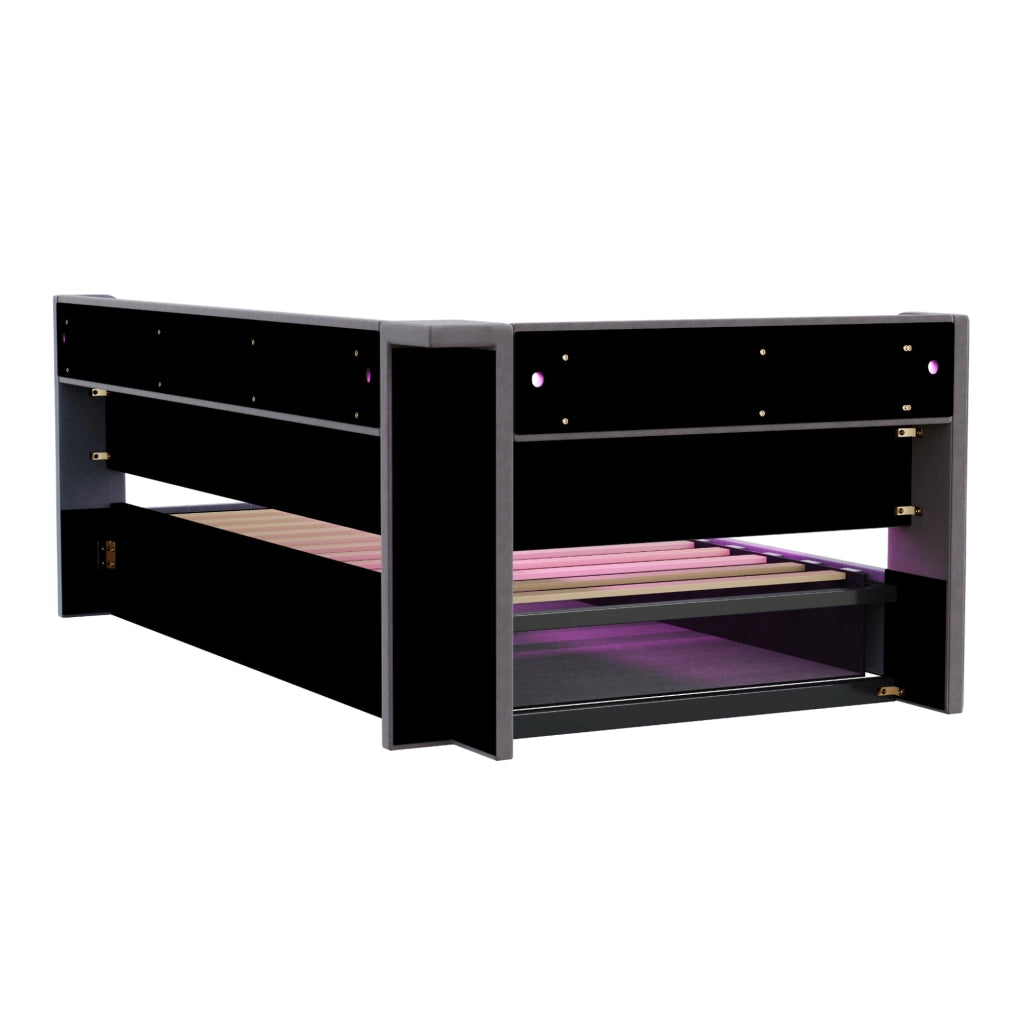 Divano letto ULEVR 90x200 cm in velluto grigio con contenitore idraulico, LED, prese USB e ripiani