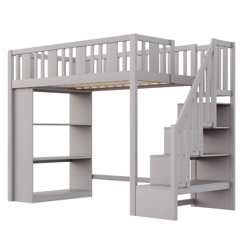 Letto a soppalco per bambini 90x200 cm con scala contenitore; grigio