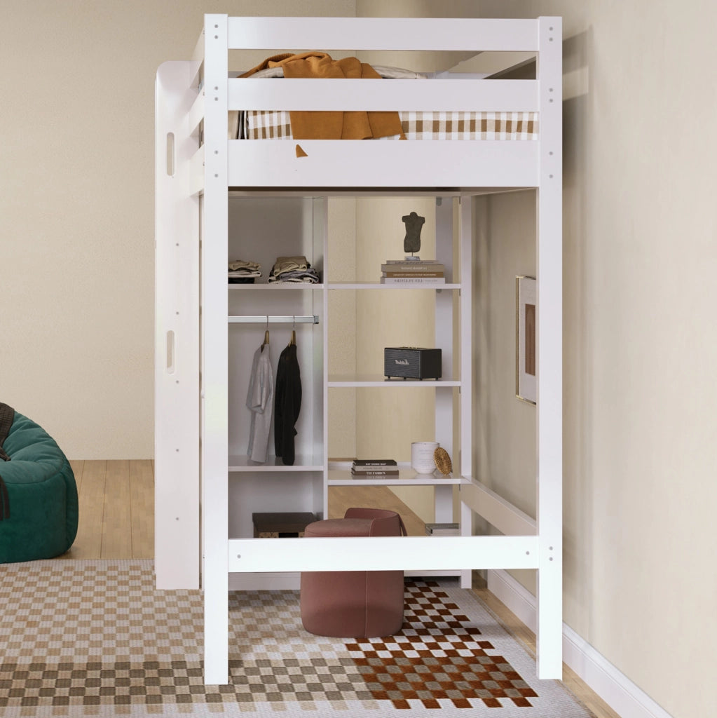 Letto a soppalco 90x200 cm con armadio e 6 ripiani, bianco