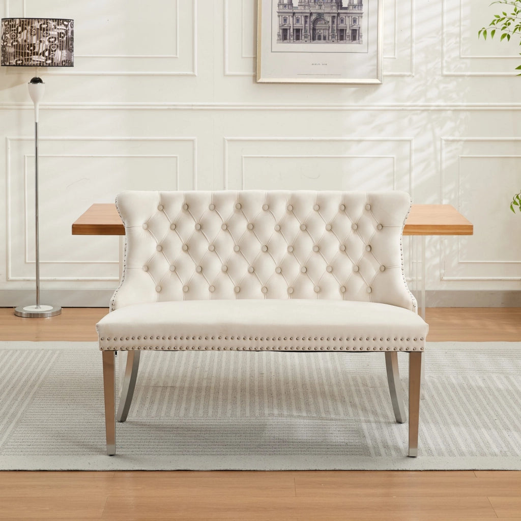 Panchina Imbottita 2 Posti ¨C MINIMAL ¨C Velluto Beige, Gambe Metallo, Schienale, Stile Moderno