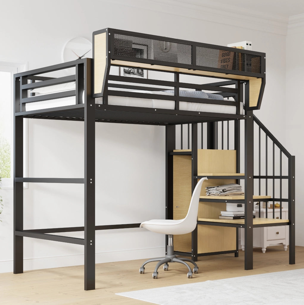 Letto a soppalco 90x200 in metallo con scala di sicurezza e ripiano modulabile, nero