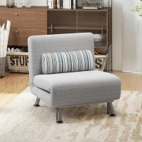 Poltrona Letto Singolo 3 in 1 con Schienale Reclinabile su 5 Livelli, Cuscino Imbottito e Materasso, Divano Letto Singolo Pieghevole per Soggiorno, in Acciaio e Lino, 75x70x75cm, Grigio Chiaro