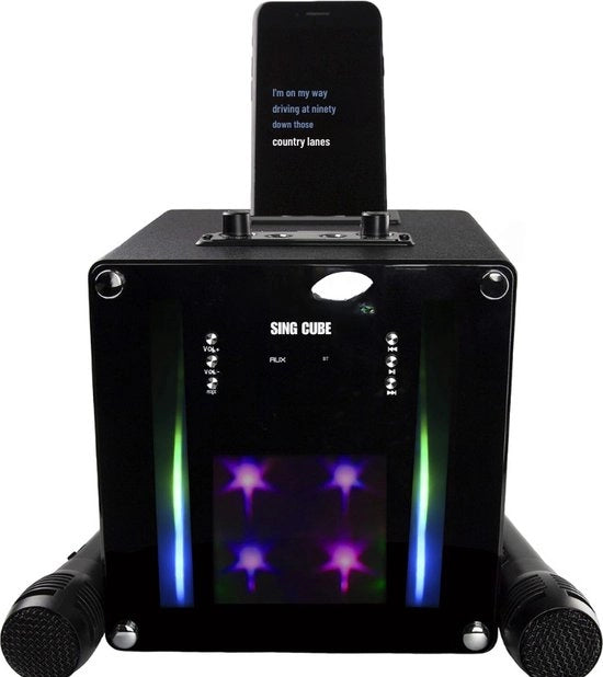 Macchina di Karaoke Bluetooth da 5 Watt con Microfoni Doppi - Effetti di Modulazione del Volume e Illuminazione a LED - Nero