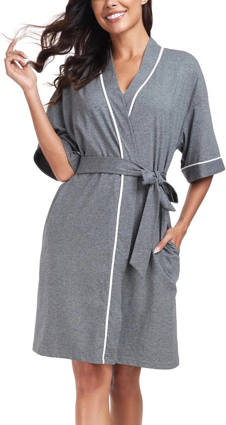 Badia da bagno femminile leggera con maniche corte, kimono sottile con tasche, saunabagno con tasche (grigio scuro, S)