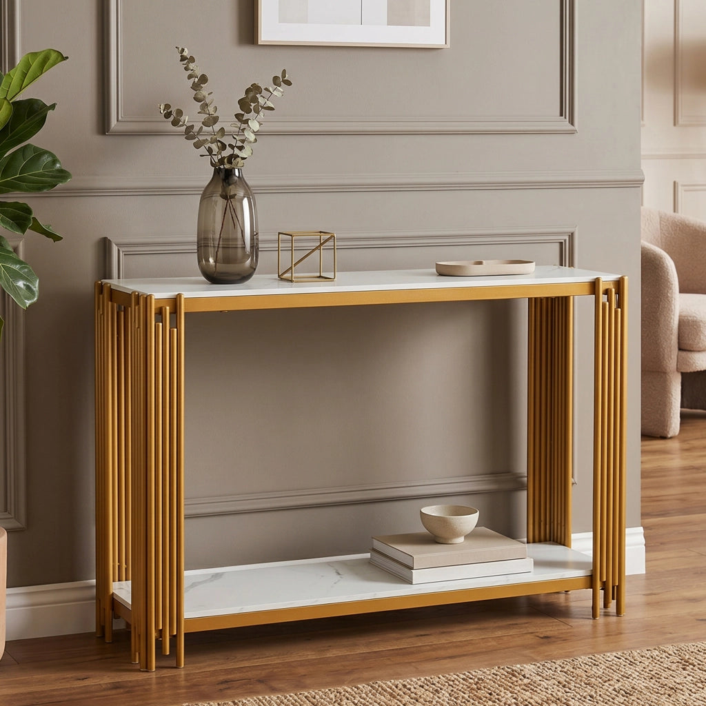 Consolle con 2 ripiani, effetto marmo, in MDF e metallo dorato, per ingresso e soggiorno, 123,5 × 33,5 × 80 cm