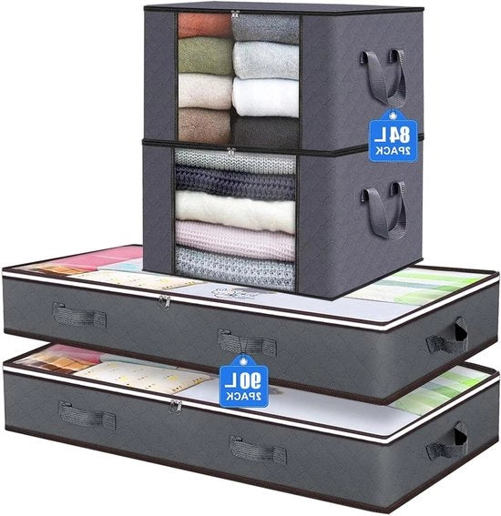 Sistema di archiviazione per sotto il letto 90 l + Scatole di archiviazione con coperchio 84 l - Finestra di osservazione, maniglie di vetro e chiusura a zip - Per abbigliamento e coperte (2 pezzi)