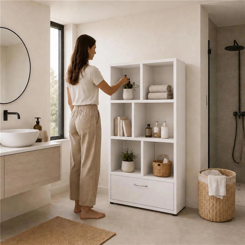 LIBRERIA IN LEGNO BIANCO MODERNA CON 6 RIPIANI SFALSATI E UN CASSETTO DIMENSIONI 70X24X140 CM