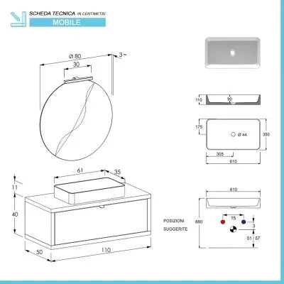 Mobile bagno sospeso 110 cm grigio cemento con lavabo da appoggio e specchio Master