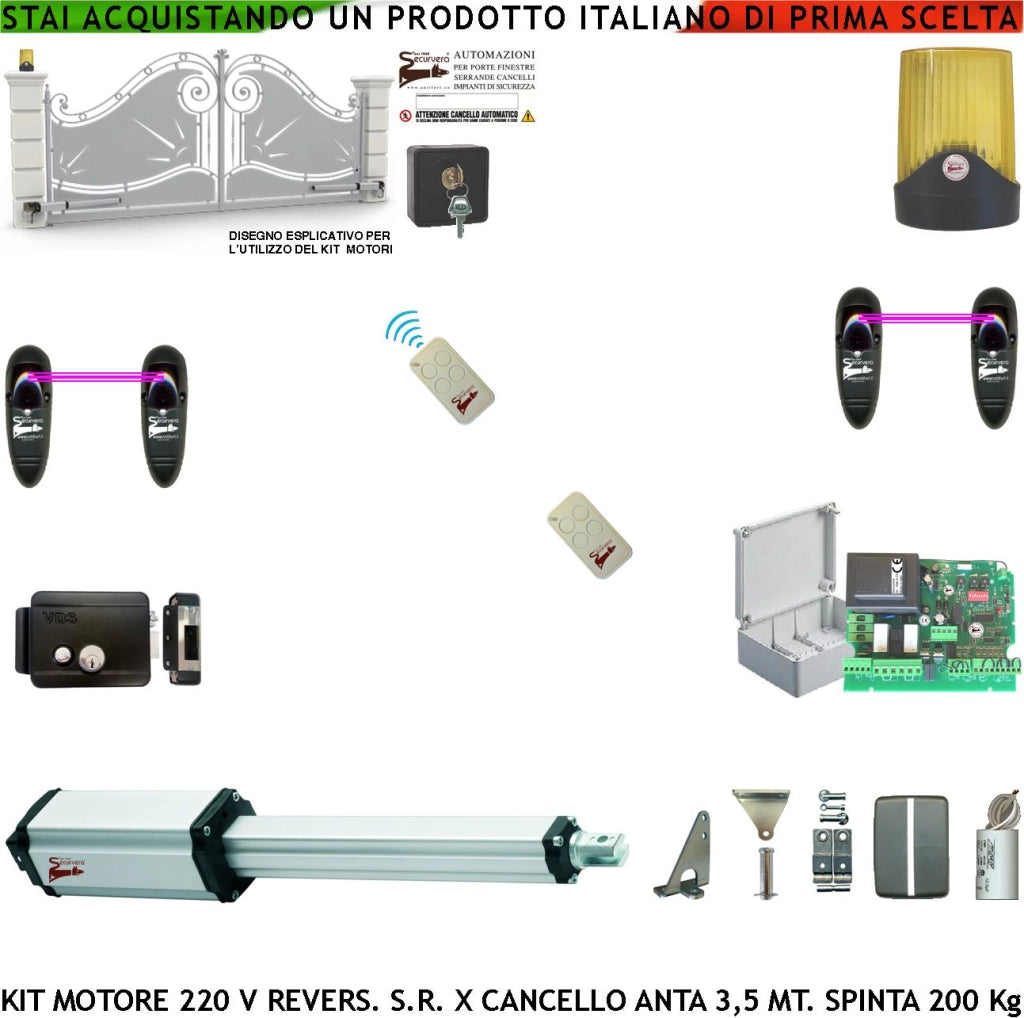 Cancello 3,5 Metri Kit Automazione 1 Motore Elettromeccanico 230 V Stelo Retrattile Reversibile 600 mm Spinta 250 Kg Centrale 2 Coppie Fotocellule 2 Radiocomandi Faro Elettroserratura Selettore Chiavi