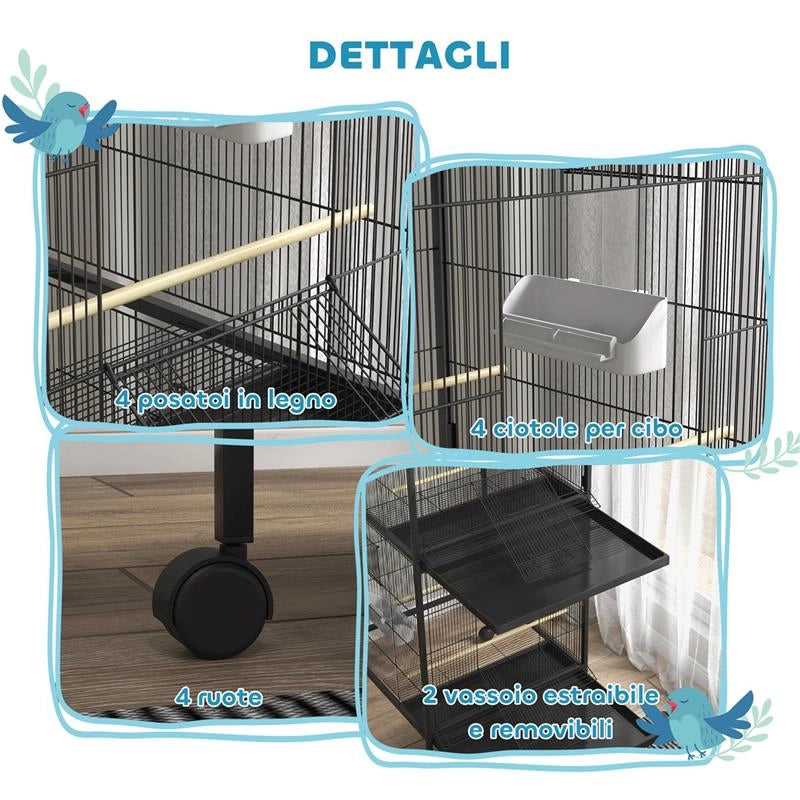 VOLIERA PER UCCELLI A ROTELLE CON VASSOI ESTRAIBILI IN PLASTICA E POSATOI, IN METALLO, 71.8X71.8X170.2 CM, NERO