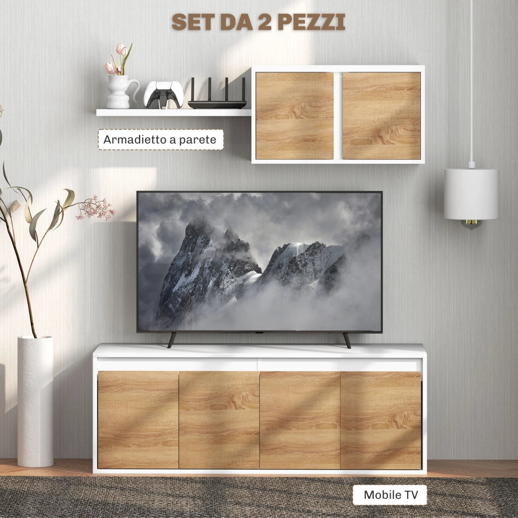 Set Mobile TV e Armadietto a Muro con 7 Ripiani e Scaffale Aperto, in Legno, 120x41x43.3 cm, Bianco e color Legno