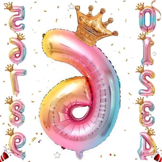 Balloon Helium Nummerballo Regalo Arcobaleno 32 Pollici con Corona per Feste di Compleanno - Decorazione Festa Decorazione Festa (# 6) - Aggiunta Unica per Feste