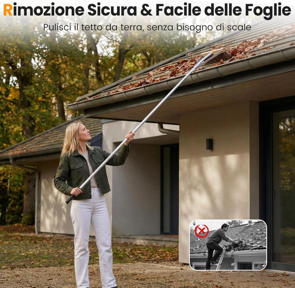 Spazzola per Tetto con Foglie, Scopa da Esterno Regolabile 165-626 CM con 5 Aste di Estensione in Alluminio Leggero, Rastrello per Tetto per Rimuovere Foglie, Aghi e Pigne