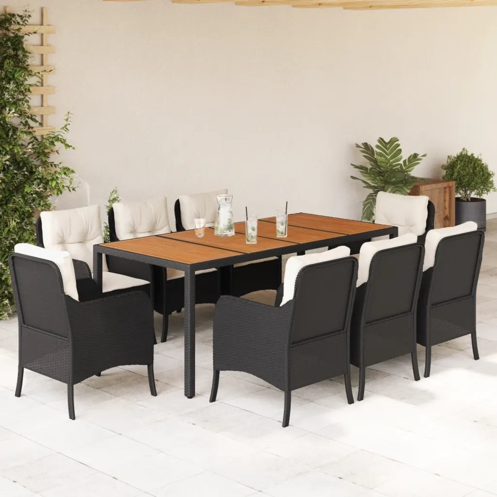 Set da Pranzo da Giardino 9 pz con Cuscini Nero in Polyrattan