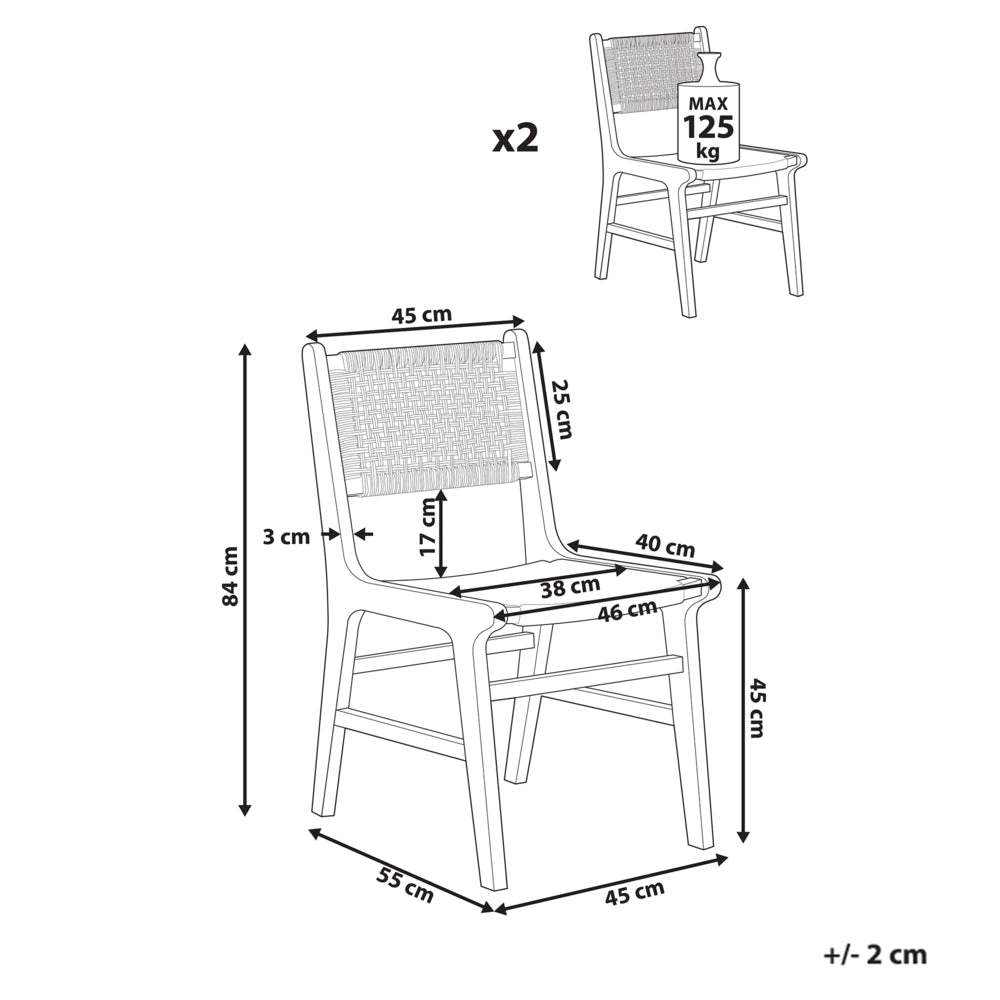 Set di 2 sedie da pranzo marrone e beige Struttura in legno di gomma beige Seduta e schienale in corda di carta Sala da pranzo Boho