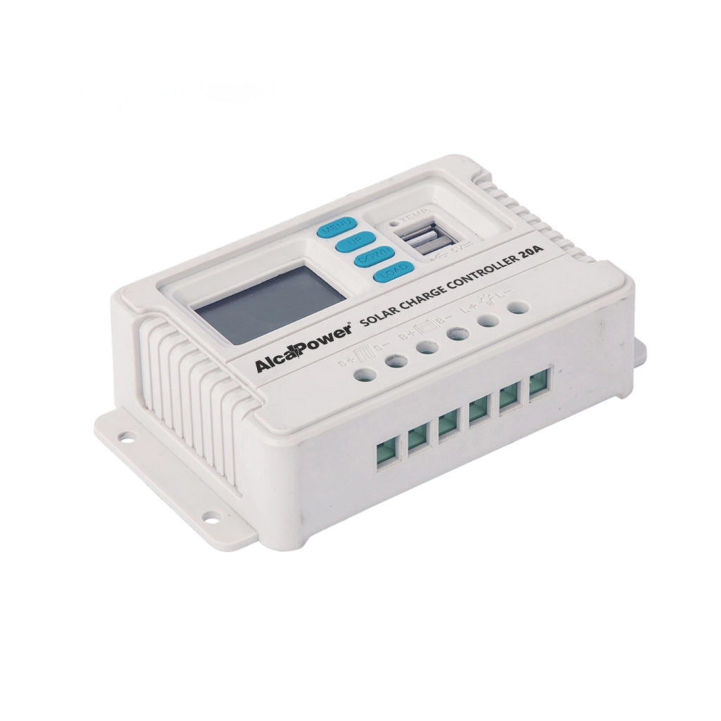 Alcapower Regolatore di carica solare PWM 20A per sistemi 12V e 24V con riconoscimento automatico, doppia uscita USB e protezione IP22 integrata