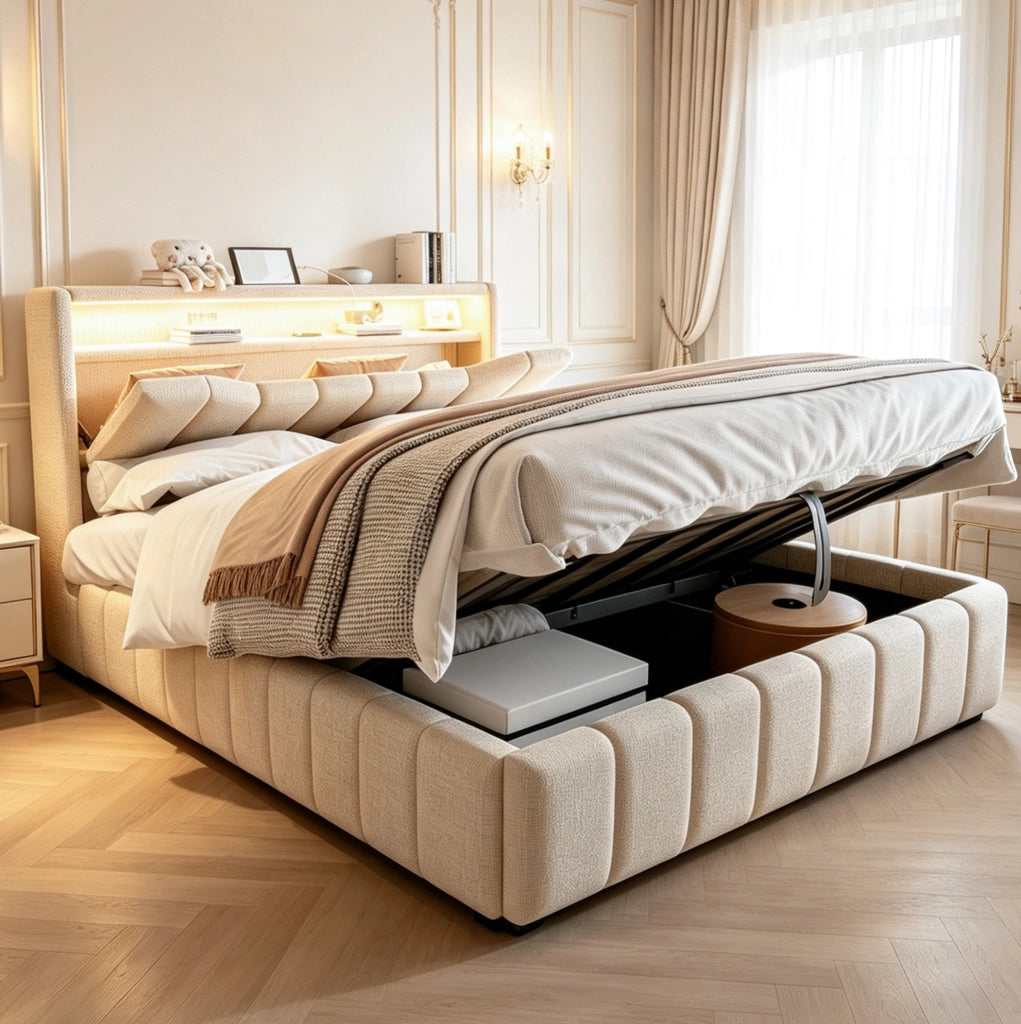 Letto 140x200 cm con contenitore idraulico, LED, USB e USB-C in tessuto beige