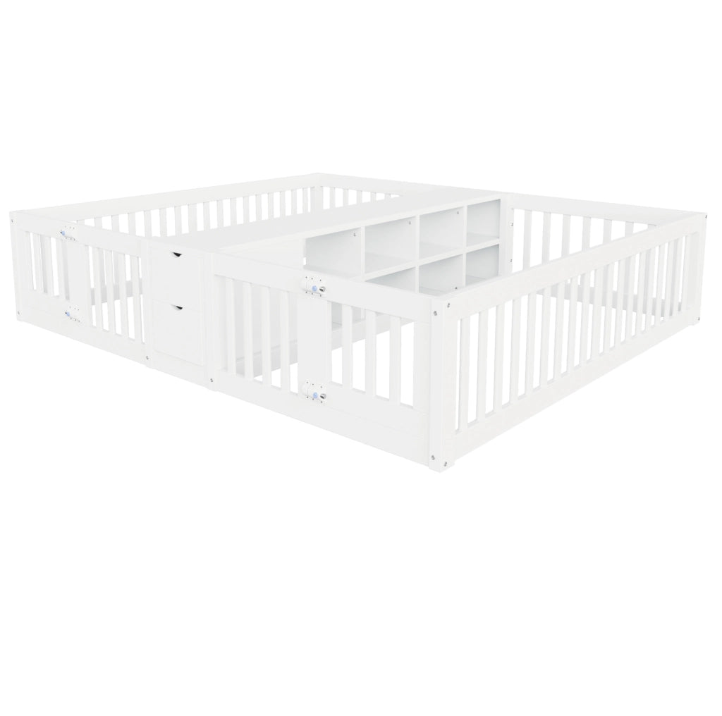 Letto 90x200 cm con ripiani e cassetti; sponde alte in legno bianco