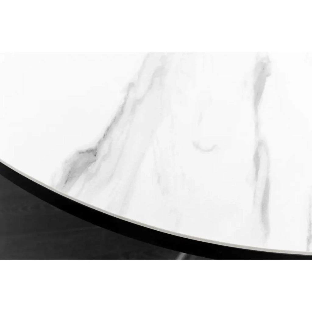 Tavolo da pranzo rotondo allungabile OPHIRA 120-160 cm – Ceramica effetto marmo bianco e metallo nero