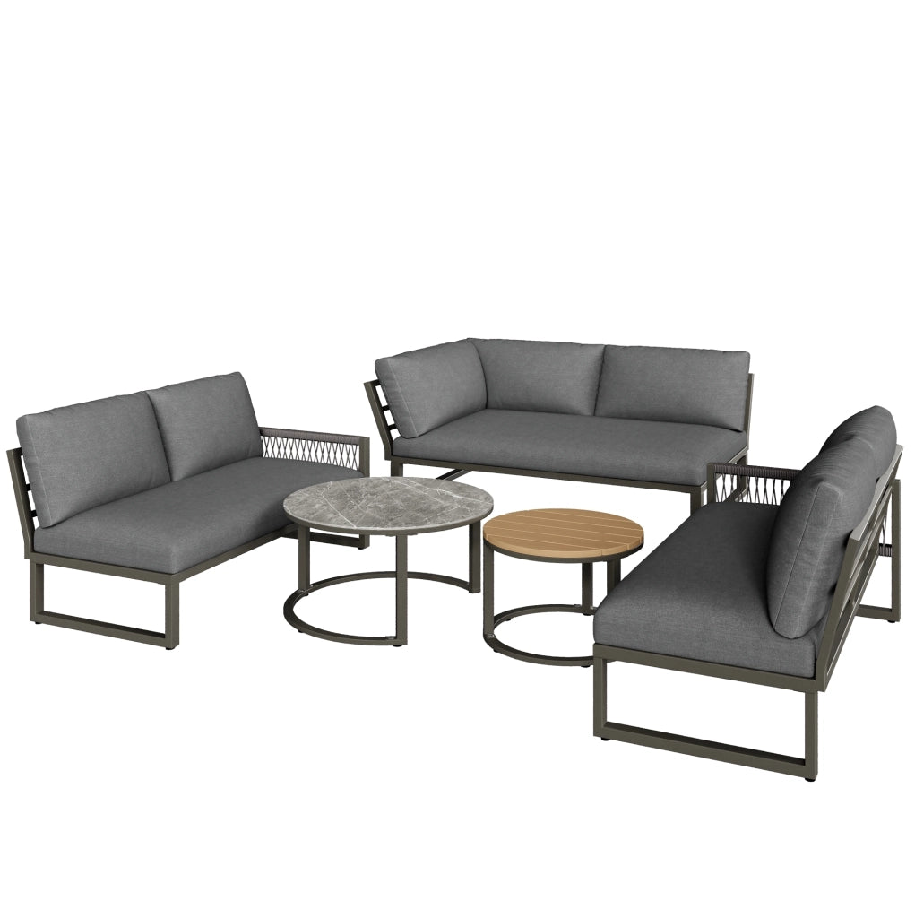 Set lounge da giardino grigio con divani; 2 tavolini e cuscini; metallo e poliestere