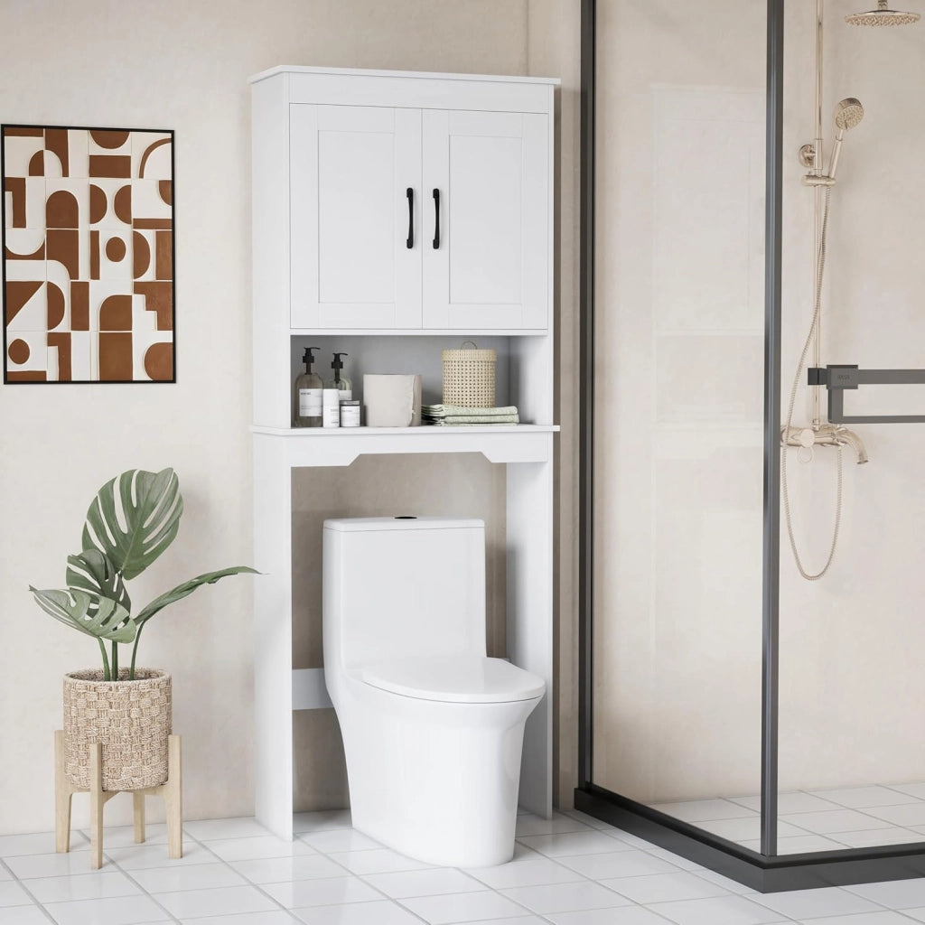 Armadietto per WC con doppia ante, ripiano aperto e ripiano interno regolabile in 5 livelli, armadietto da bagno sopra la toilette, per bagno e lavanderia, 63 x 24 x 168 cm