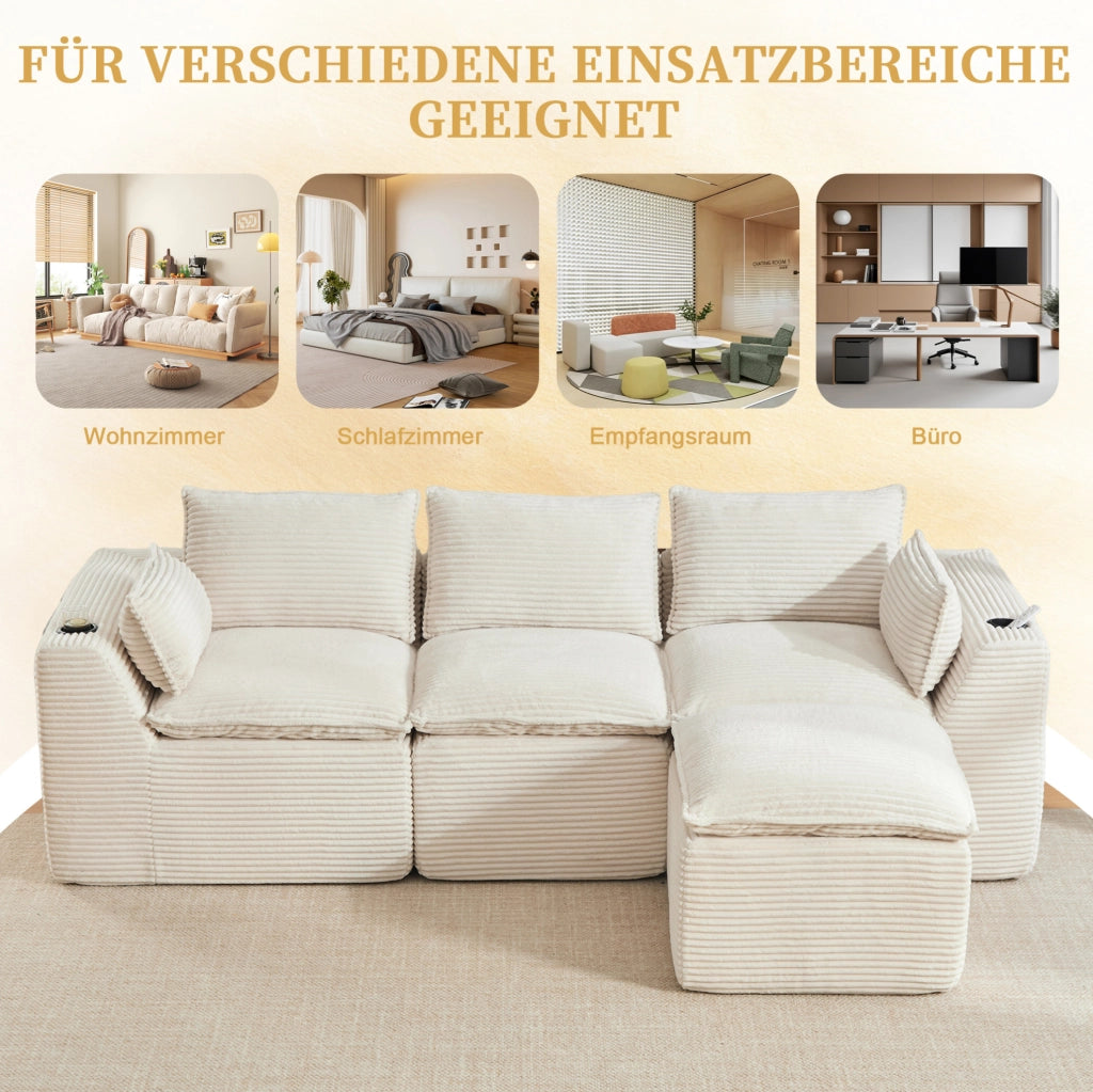 Divano modulare 3 posti in tessuto beige a coste con pouf, cuscini, portabicchieri e tasche laterali